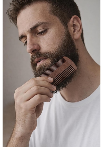 Premium Ahşap Sakal & Bıyık Tarağı, Çift Taraflı Diş Yapısı, Doğal Ahşap Gövde, Vegan Deri Taşıma Kılıflı Erkek Bakım Tarağı Sandal Ağacı Keseli
