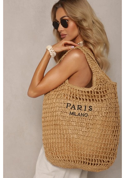 Çift Kalın Askılı Paris Milano Astırlı Fermuarlı İç Cepli Yazlık Tatil Plaj Büyük Boy Hasır Çanta Camel