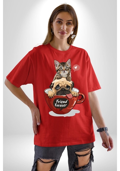Kedi Ve Köpek Sonsuzadek Arkadaşız Pamuklu Bisiklet Yaka Unisex Oversize Boyfriend Dijital Baskılı Kırmızı T-shirt Kırmızı
