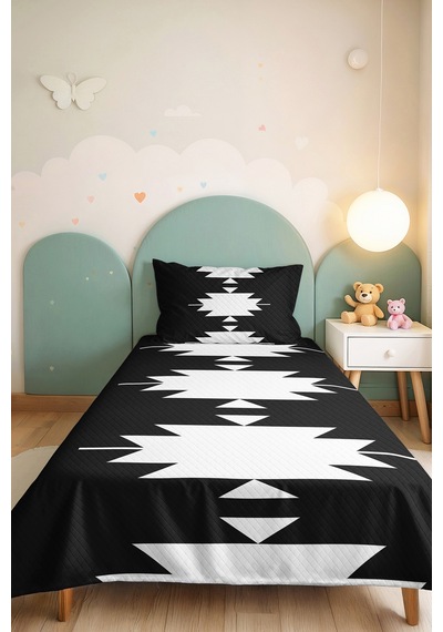 Siyah Geometrik Genç Odası Tek Kişilik Pike Takımı - Modern Etnik 160x220 Cm Kapitone Yatak Örtüsü Pembe