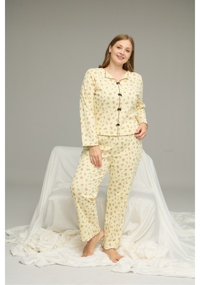 Siyah İnci Beden Battal Pamuklu Fiyonklu Fitilli Örme Pijama Takım25228001-3 sari