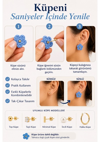 Çiçek Papatya Küpe Süsü Tak Çıkar Küpe Aksesuarı Mavi