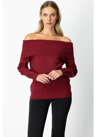On Fashion Kadın Omzu Açık Bordo Kazak 65380 Bordo