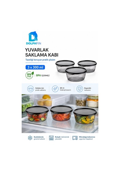 3 Lü Yuvarlak Saklama Kabı Seti 3x300 Ml Şeffaf Siyah Kapaklı Bpa İçermez