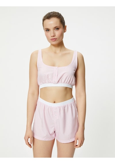 Koton Crop Pijama Üstü Beli Lastikli Düğmeli Askılı Pınk Strıpe 4slk90017mw 4SLK90017MW2S5