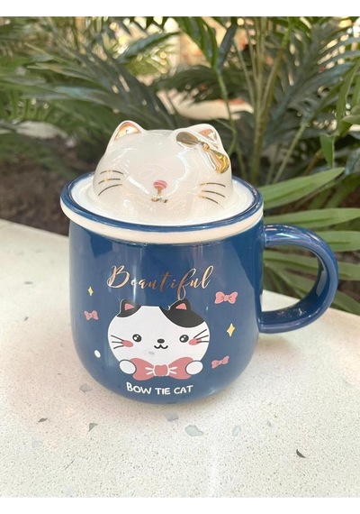 Kawai 3d Kedi Kapaklı Kaşıklı Kupa Bardak Lacivert