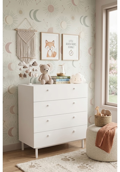 Robinhome Bebek Odası Çocuk Odası Geniş Şifonyer 4 Çekmeceli Ahşap Ayaklı Beyaz