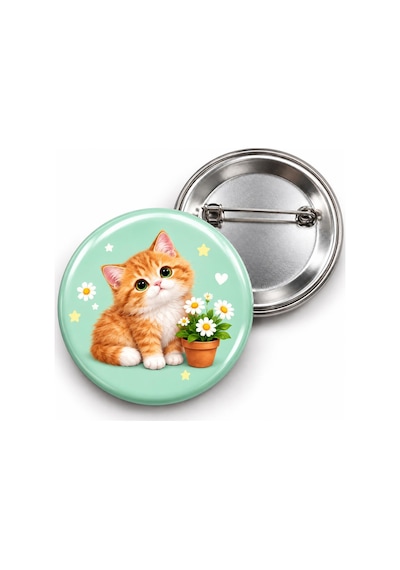 Papatyalı Turuncu Yavru Kedi - 58mm Rozet Çok Renkli