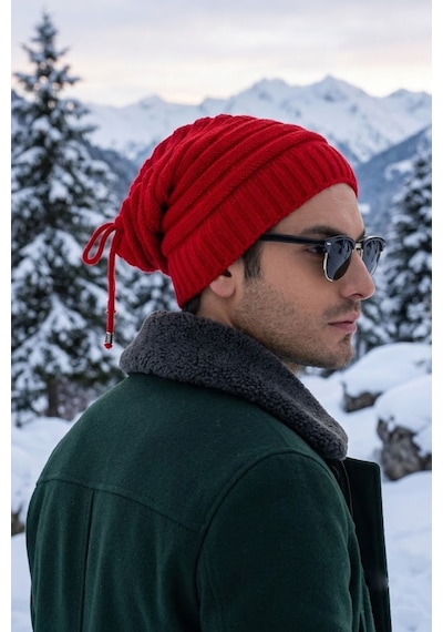 Ritagarcia Unisex Arkası İpli Büzgülü Triko Bere Kışlık Dökümlü Slouchy Beanie Bere Kırmızı