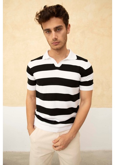 Tarz Cool Renk Bloklu Polo Yaka Triko T-shirt Siyah - Beyaz