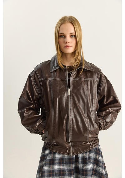 Shade Kadın Dikiş Detaylı Astarlı Beli Lastikli Cepli Oversize Suni Deri Ceket 3173 60283894 - Kahverengi Shade Kadın Dikiş Detaylı Astarlı Beli Lastikli Cepli Oversize Suni Deri Ceket 3173 60283894 - Kahverengi