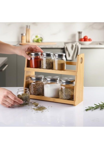 Deconox 8 Parça Borosilikat Cam Baharatlık Seti 700 Ml - Paslanmaz Çelik Kapaklı Ve Bambu Kapak Sçenekli 2 Katlı Diğer