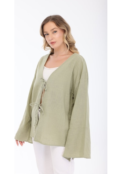 Blayn Jeans Blayn Kadın Keten Kimono Oversize Rahat Kalıp Yazlık Uzun Kollu Kimono Çağla Yeşili