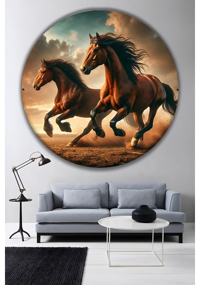 Koşan Asil Atlar Temalı Yuvarlak Dekoratif Duvar Tablosu Modern Salon Ve Ofis Dekoratif Cam Tablo Hayvan Figürlü Dekoratif Duvar Tablosu, Salon, Ofis Ve Çalışma Alanı Dekoru, 80x80 Cm