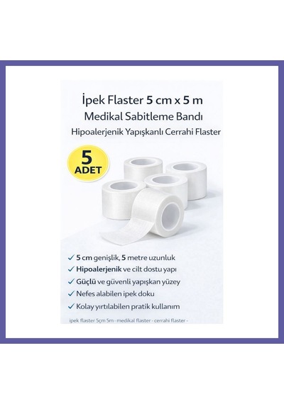 Bezos İpek Flaster 5 Cm X 5 M 5 Adet Medikal Sabitleme Bandı Hipoalerjenik Yapışkanlı Cerrahi Flaster Nıda