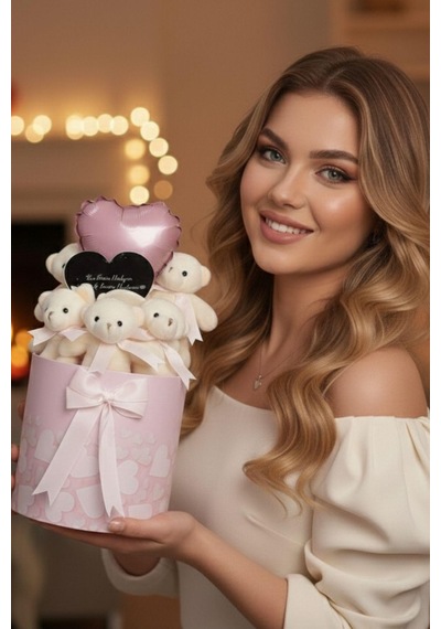 Sole Premium Silindir Kutuda Kalp Aynalı 5 Li Peluş Ayıcık Buketi Kalp Balon Detaylı