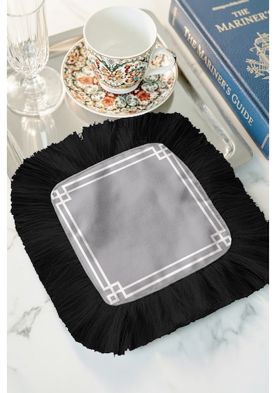 Lüks Geometrik Kenar Saçaklı Sunum Peçetesi-art Deco Siyah Modern Gri Bardak Altlığı Servis Mendili Çok Renkli