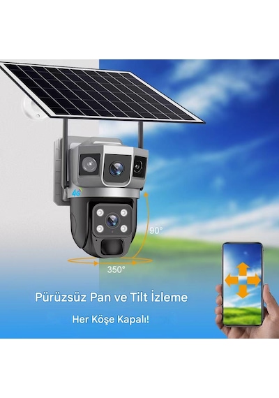 6mp Akıllı Çift Lens Kamera 4g Sım , Otomatik İnsan Takibi, Gece Renkli, Solar Şarj Güneş Enerjili