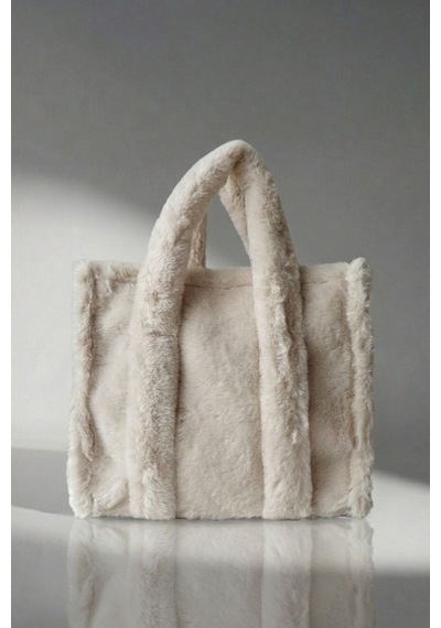 Vivazzaluxe Vintage Peluş Kürk Model Sonbahar, Kış Tote Bag Kadın El, Kol, Omuz Çanta Krem
