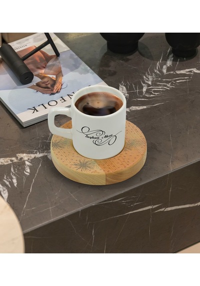 Kişiye Özel Modern Art Tasarımlı Doğal Ahşap Tabaklı Türk Kahvesi Fincanı Model 6