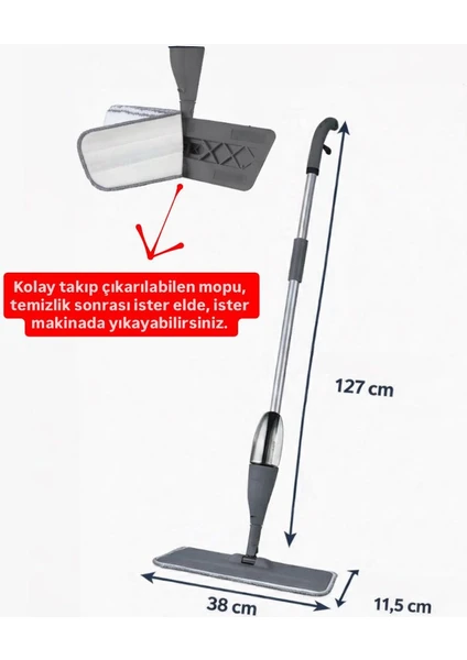 Püskürtme Hazneli Pratik Gri Sprey Mop - Ergonomik 127 Cm Tasarım - Tüm Yüzeyler Için Pratik Temizlik"