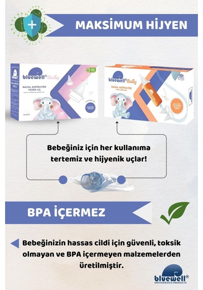 Bluewell Nazal Burun Aspiratörü Başlangıç Seti Bebek Burun Temizleyici Aspiratör + Uyumlu 10 Adet Ye