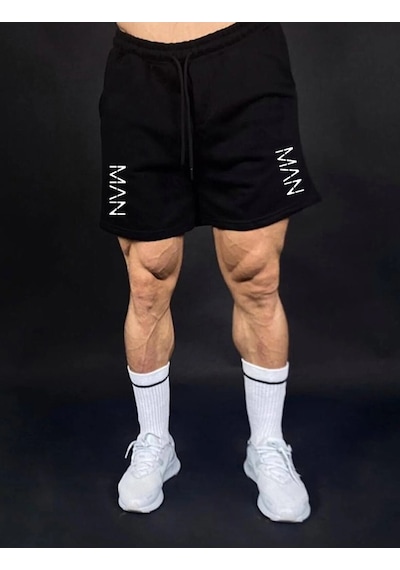 Erkek Dont Quit Baskılı Siyah Slimfit Şort Siyah