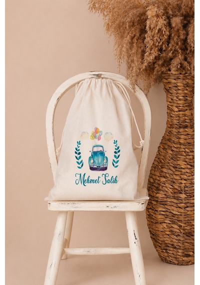 İsme Özel Erkek Bebek Çocuk Kıyafet Kesesi 30x40 Cm %100 Pamuk Ham Bez İsim Baskılı Yıkanabilir Kişiye Özel Kese 2078kk Ekru