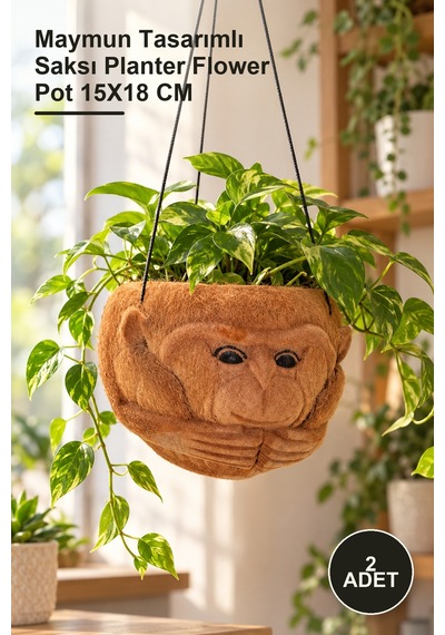 2 Adet Çiçeklik Maymun Tasarımlı Saksı Planter Flower Pot 15x18 Cm
