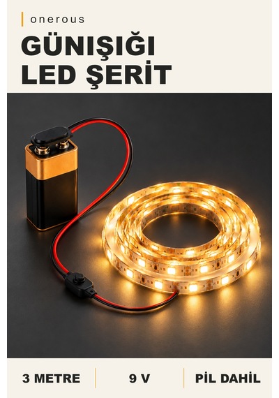 Onerous 3 M 9v Günışığı Led Şerit, Pilli, Pil Dahil, Anahtarlı