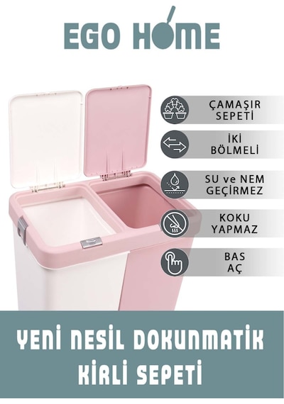 Pembe-beyaz Mote Ikili Dokunmatik Kirli Çamaşır Sepeti 2 Bölmeli Dokunmatik Kapak 80lt,