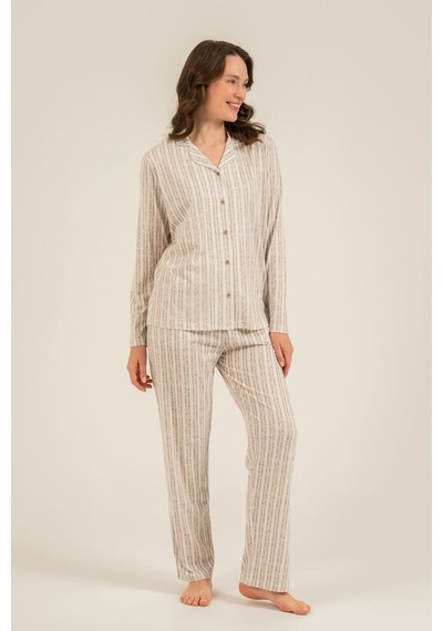 Arnetta Kadın Kahverengi Çizgili Gömlek Pijama Takımı Ar3780-s-v2 Ar3780-s-v2