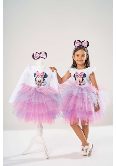 YAĞMUR KOStütüM Taç Hediyeli Minnie Temalı Kız Çocuk Beyaz Uzun Kollu Doğum Günü Elbisesi & Parti Kostümü Karışık Renkli