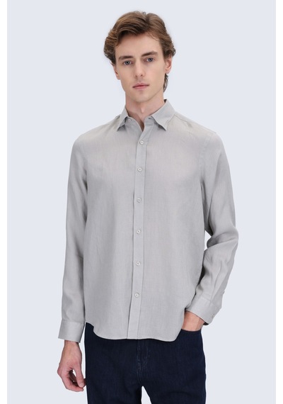 Hatemoğlu Yeşil Comfort Fit Düğmeli Yaka %100 Keten Uzun Kollu Casual Gömlek