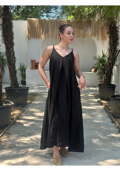 Yazlık Keten Askılı Oversize Elbise Siyah
