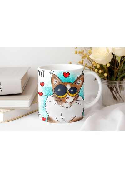 Komik Kedi Figürlü Kupa Bardak Eğlenceli Ve Sevimli Kedi Tasarım - Life Is Short Hug Your Meow Y Beyaz