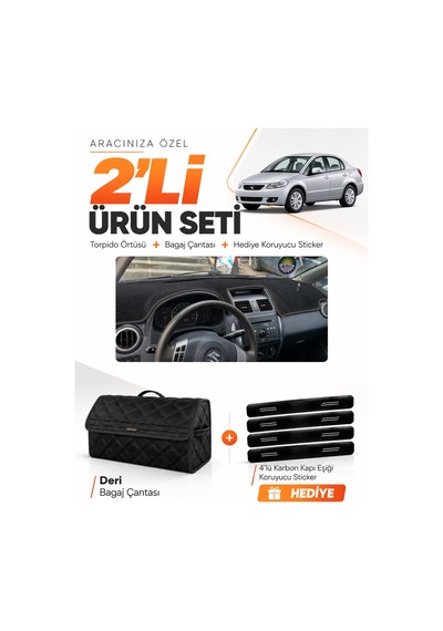 Suzukı Sx-4 2006-2014 Uyumlu Torpido Örtüsü + Deri Bagaj Çantası + Sticker Seti - Siyah