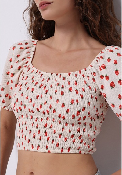 Colins Slim Fit Kare Yaka Baskılı Kadın Ekru Balon Kol Tişört Cl1074581 Q1.v1 Ecr Ekru