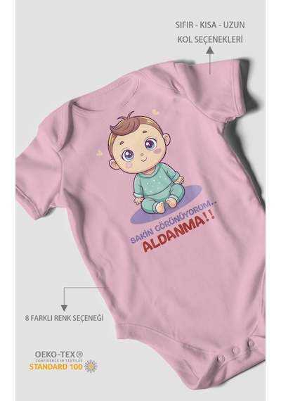 Sakin Görünüyorum Aldanma Baskılı Bebek Zıbını Çıtçıtlı Body %100 Pamuk Kısa Kol Koyu Pembe