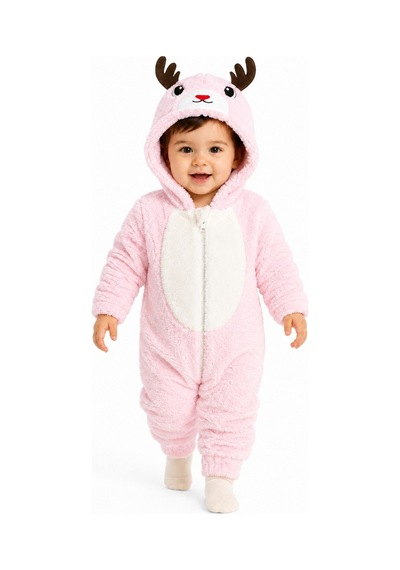 Tatlı Geyik Desenli Welsoft Bebek Tulumu Kapüşonlu Peluş Fermuarlı Kışlık Unisex Bebek Tulumu Pembe