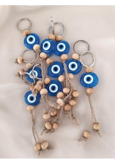 Nazar Boncuk Anahtarlık Şeffaf Mavi 10 Adet Kötü Göz Kovucu Nazar Hand Made Hasır Nazarlı Anahtarlık