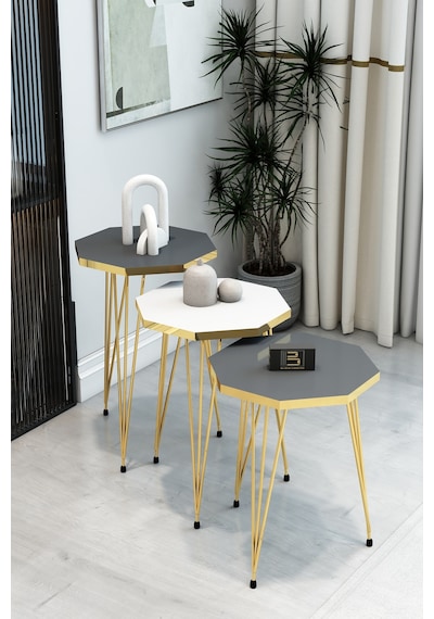 3'lü Sekizgen Zigon Sehpa Seti - Gold Metal Ayaklı, Modern & Şık Yan Sehpa, Dayanıklı Salon Ofis Beyaz Antrasit