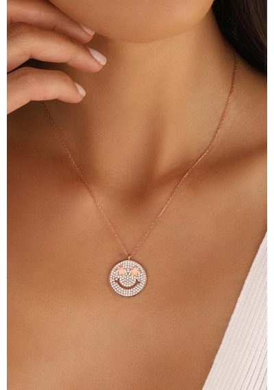 Beyaz Taşlı Gülen Yüz Emojili Gümüş Kolye Rose Gold