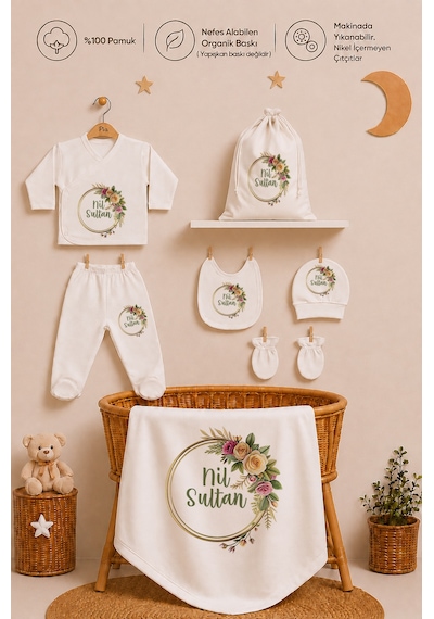 Pia Baby Kişiye Özel %100 Pamuk Kız Bebek Hastane Çıkışı Zıbın Seti 8 Parça Kese Hediyeli 1094zybk0x Krem