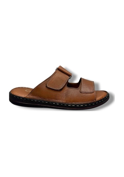 Cakgo 182-26 Hakiki Deri Ultra Soft Çift Bant Cırtlı Anatomik Erkek Terlik 40-47 Taba