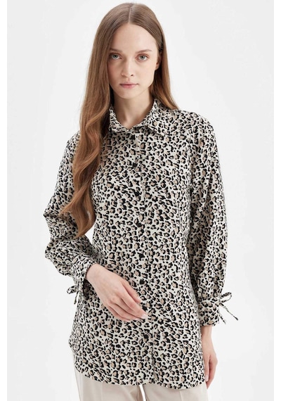 Defacto Relax Fit Leopar Desenli Uzun Kollu Gömlek Tunik D2608AX24AUBG702 Bej