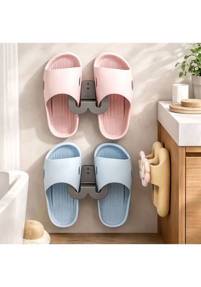 Terlik Askılığı Duvara Yapışan Banyo Terlik Tutucu Delmeden Montaj Çok Renkli Pembe
