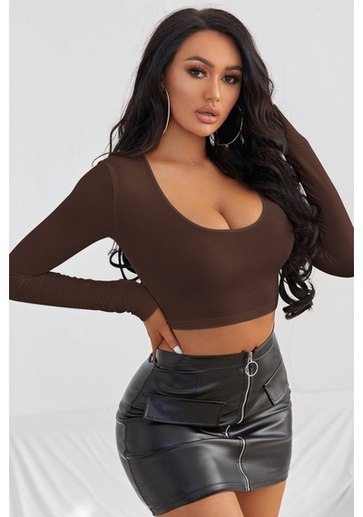 Beru Kadın Kahverengi Uzun Kol Kare Yaka Crop Top Bluz S - M