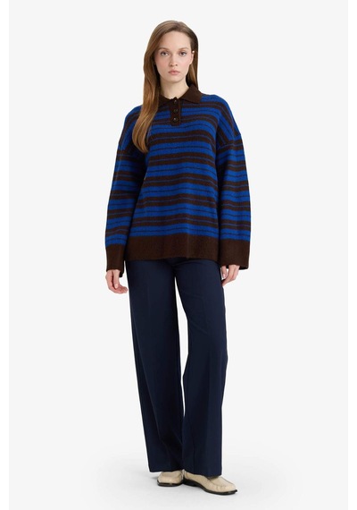 Defacto Loose Fit Polo Yaka Çizgili Triko Kazak Tunik G7240ax25cwbn468 Kahve-bn468