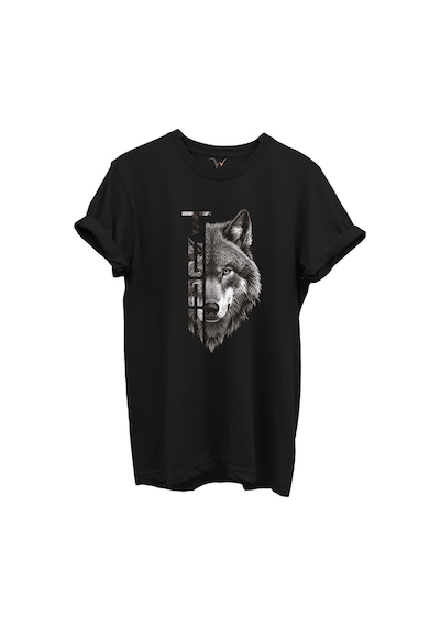 Yarı Kurt Yarısı Türk Yazı Tasarım Baskılı %100 Pamuk T-shirt Siyah
